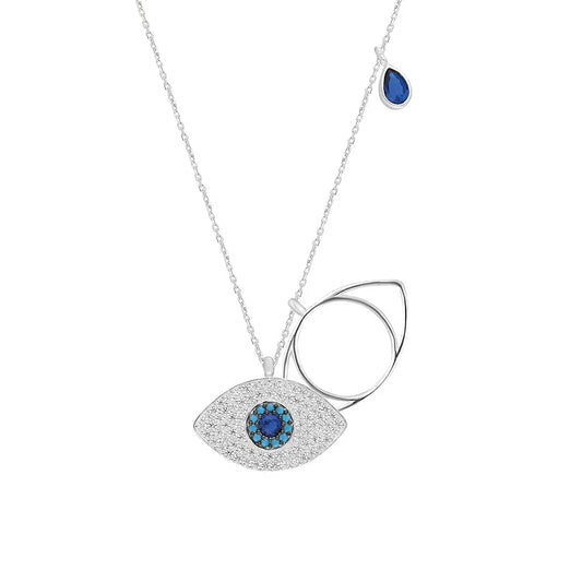 Silberkette mit blauem Auge-Anhänger, Zirkonia-Steinen, modisches Schmuckstück.