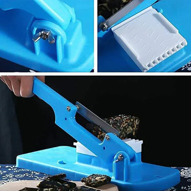 Blauer Kunststoff-Seifenschneider mit Klinge, ideal zum präzisen Schneiden von Seifenblöcken.
