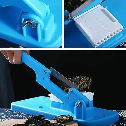 Blauer Kunststoff-Seifenschneider mit Klinge, ideal zum präzisen Schneiden von Seifenblöcken.