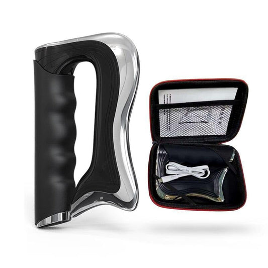 Schwarzer Massagepistolen-Griff mit Zubehörset in Tasche, ergonomisch, tragbar.