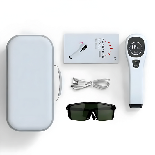 Tragbares IPL-Haarentfernungsgerät Set mit Schutzbrille, weiß, für schmerzfreie Haarentfernung.