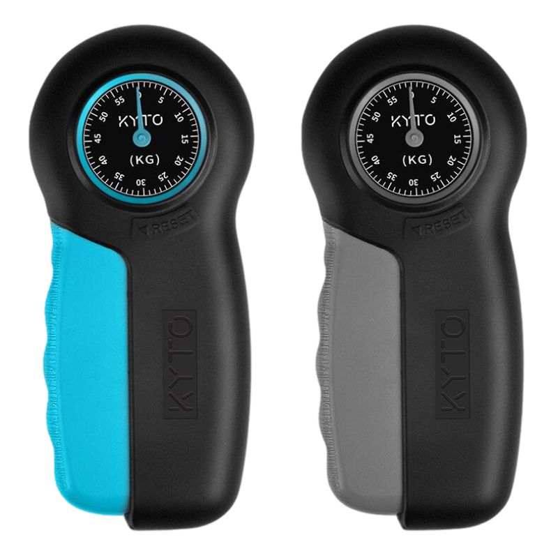 Zwei digitale Handkraftmesser, schwarz-blau und schwarz-grau, mit Kilogramm-Skala.