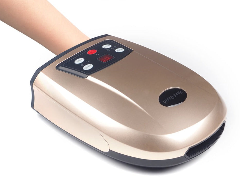 Elektrisches Handmassagegerät, goldfarben, mit digitalem Display und Bedienelementen.