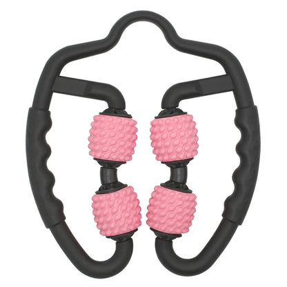 Schwarzer und rosa Muskelroller, Massagegerät, Fitnessgerät, Entspannung, Muskelentspannung.