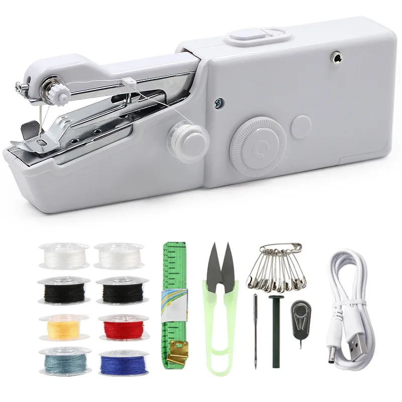 Tragbare Handnähmaschine Set, weiß, mit Zubehör: Fäden, Maßband, Schere, USB-Kabel.