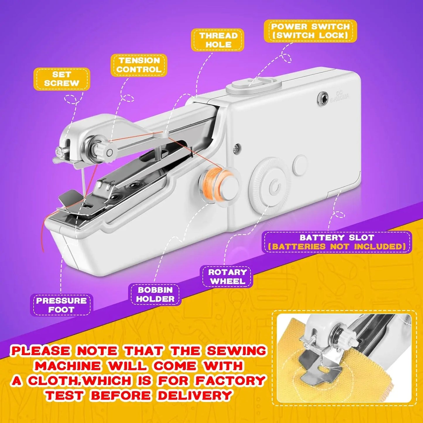 Tragbare weiße Handnähmaschine mit Fadenloch, Spannungsregler und Batteriefach.