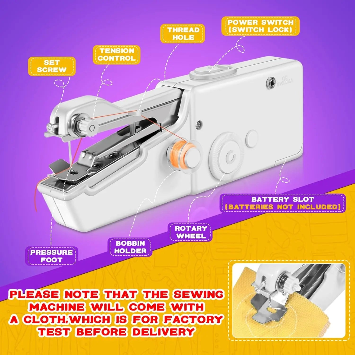 Tragbare weiße Handnähmaschine mit Fadenloch, Spannungsregler und Batteriefach.