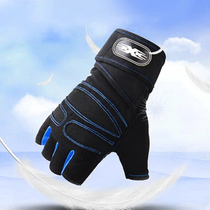 Schwarzer Fitness-Handschuh mit blauen Nähten, halbfinger, atmungsaktiv, für Krafttraining.