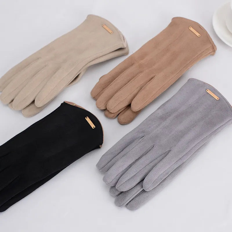 Damenhandschuhe aus Wildleder in Beige, Braun, Schwarz und Grau, elegant und stilvoll.