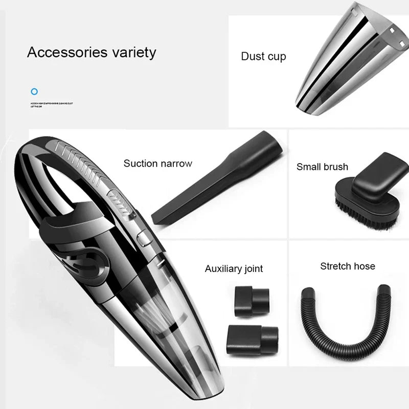 Tragbarer Handstaubsauger Set, schwarz, mit Zubehör: Staubbecher, Bürste, Schlauch, Düse.