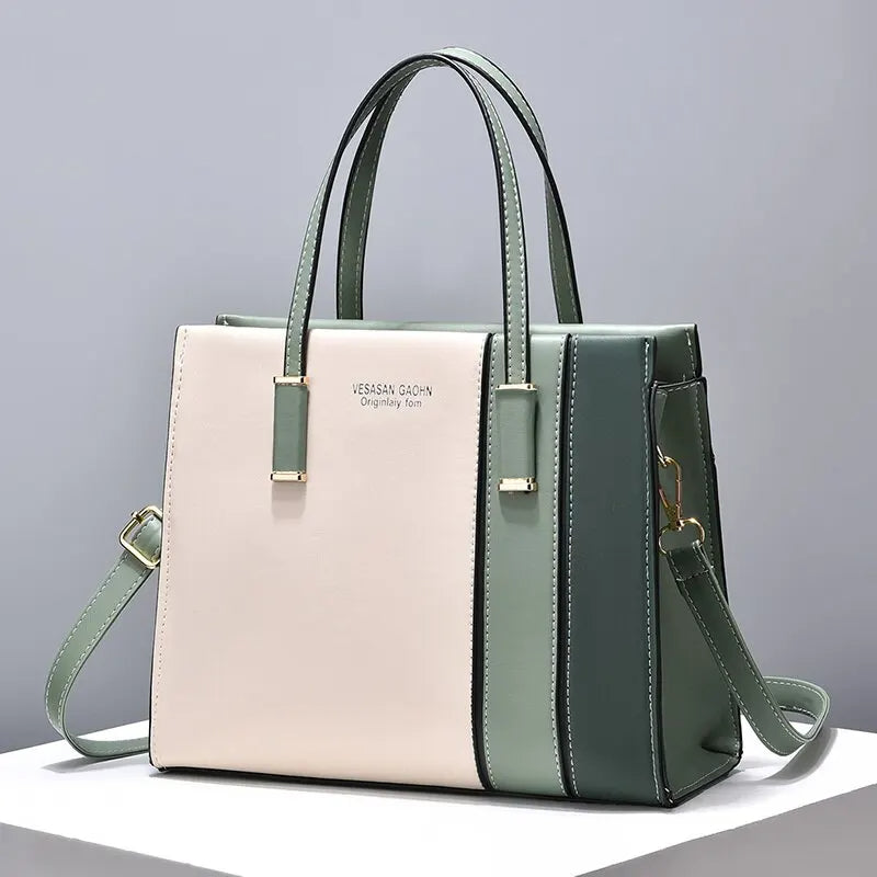 Damenhandtasche Leder grün beige, modisch, elegant, mit Schulterriemen, für Alltag und Büro.
