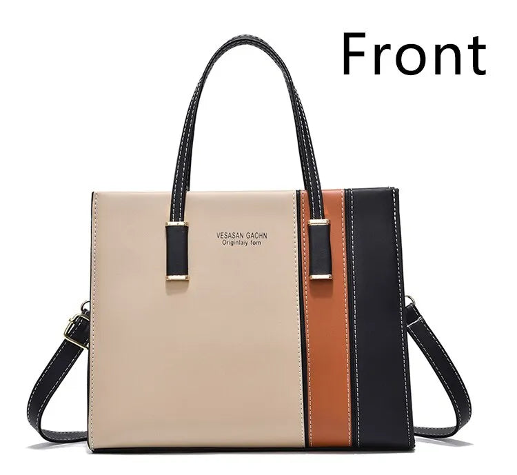 Damenhandtasche beige schwarz braun, Leder, Schulterriemen, elegant, modisch, vielseitig.