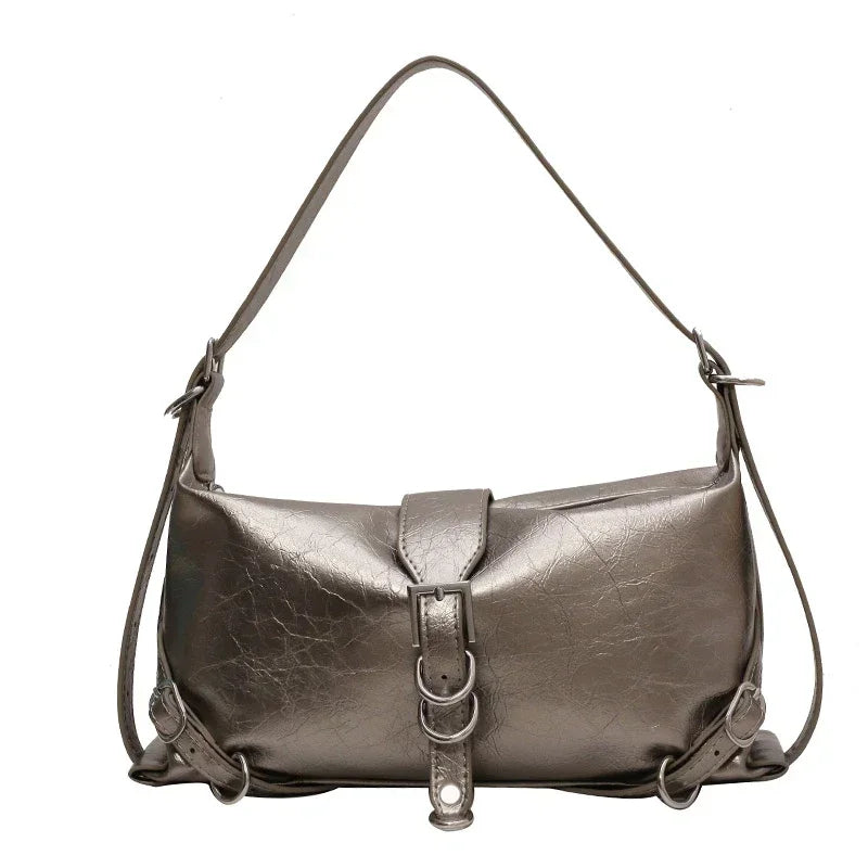 Silberne Lederhandtasche mit Schnalle, modisch, Damenaccessoire, Schulterriemen, elegant