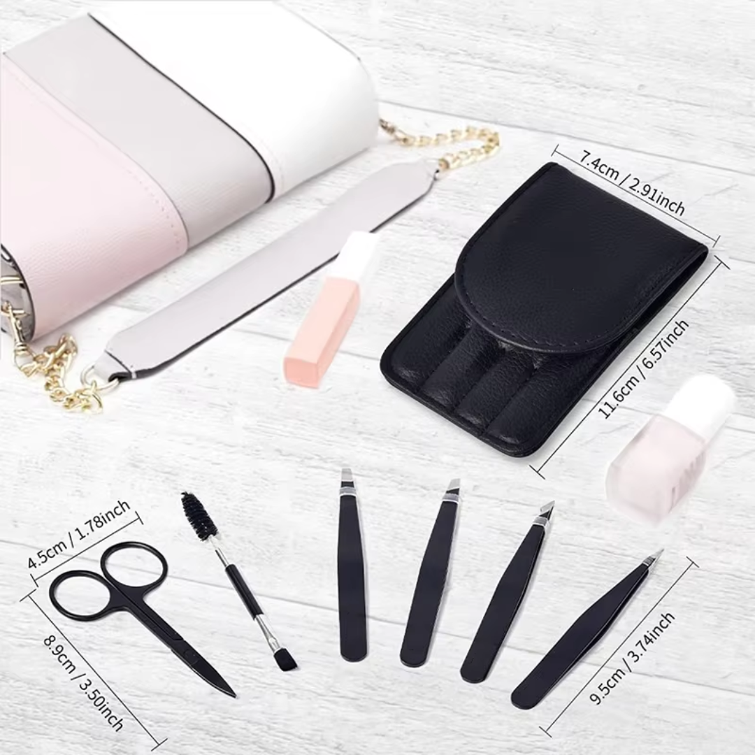 Schwarzes Maniküre-Set mit Etui, Pinzetten, Schere, Nagelfeile, ideal für Nagelpflege.