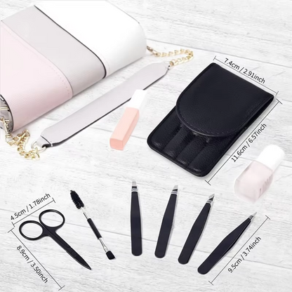 Schwarzes Maniküre-Set mit Etui, Pinzetten, Schere, Nagelfeile, ideal für Nagelpflege.