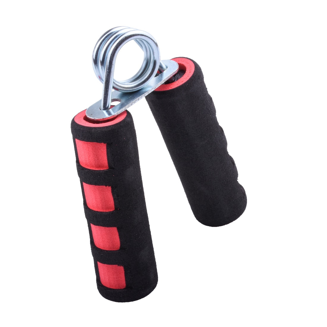 Schwarzer Handtrainer mit rotem Schaumstoffgriff, Fitnessgerät für Hand- und Unterarmtraining.