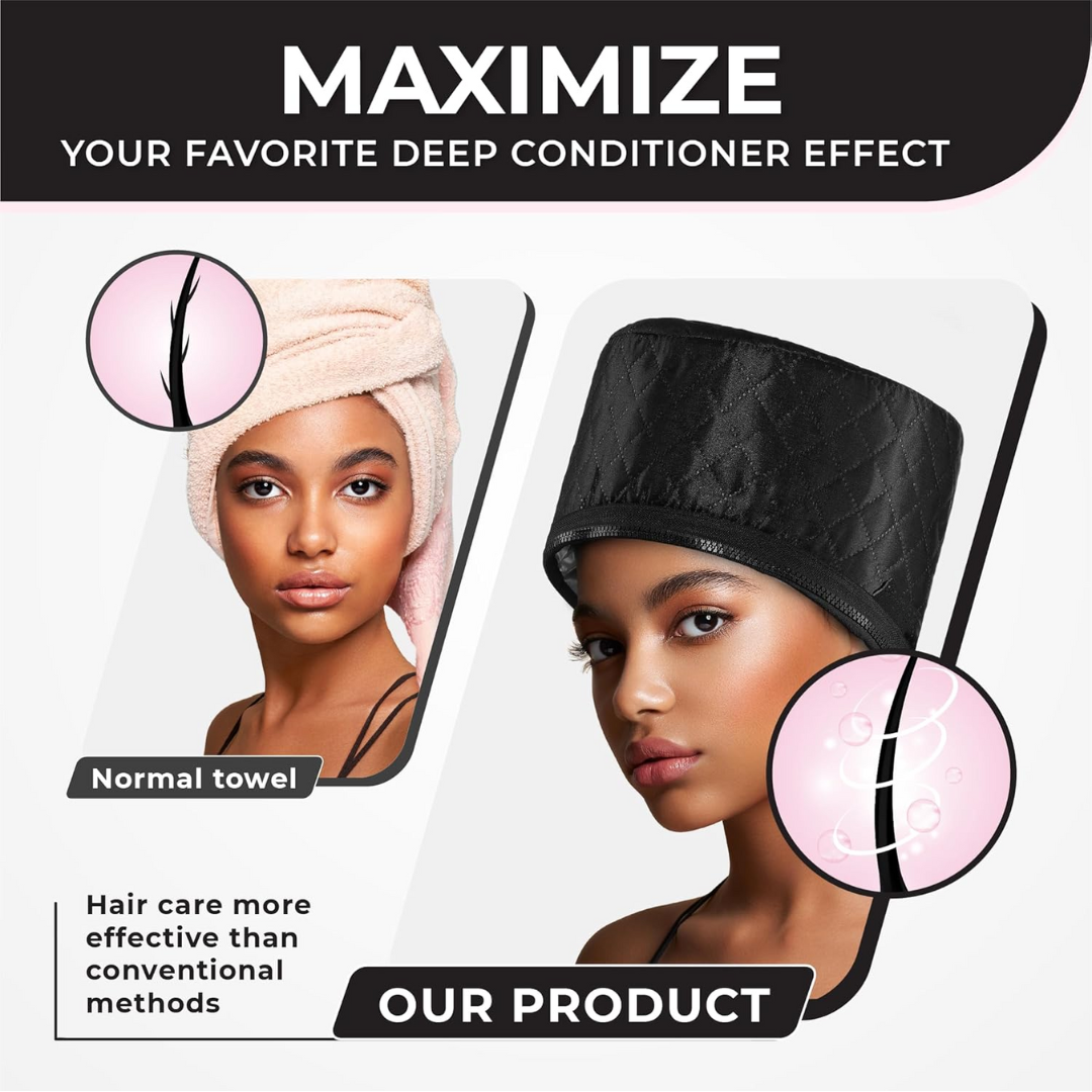 Schwarze Haarpflegehaube, effektiv für tiefenwirksame Conditioner, Damen, Haarpflegezubehör.