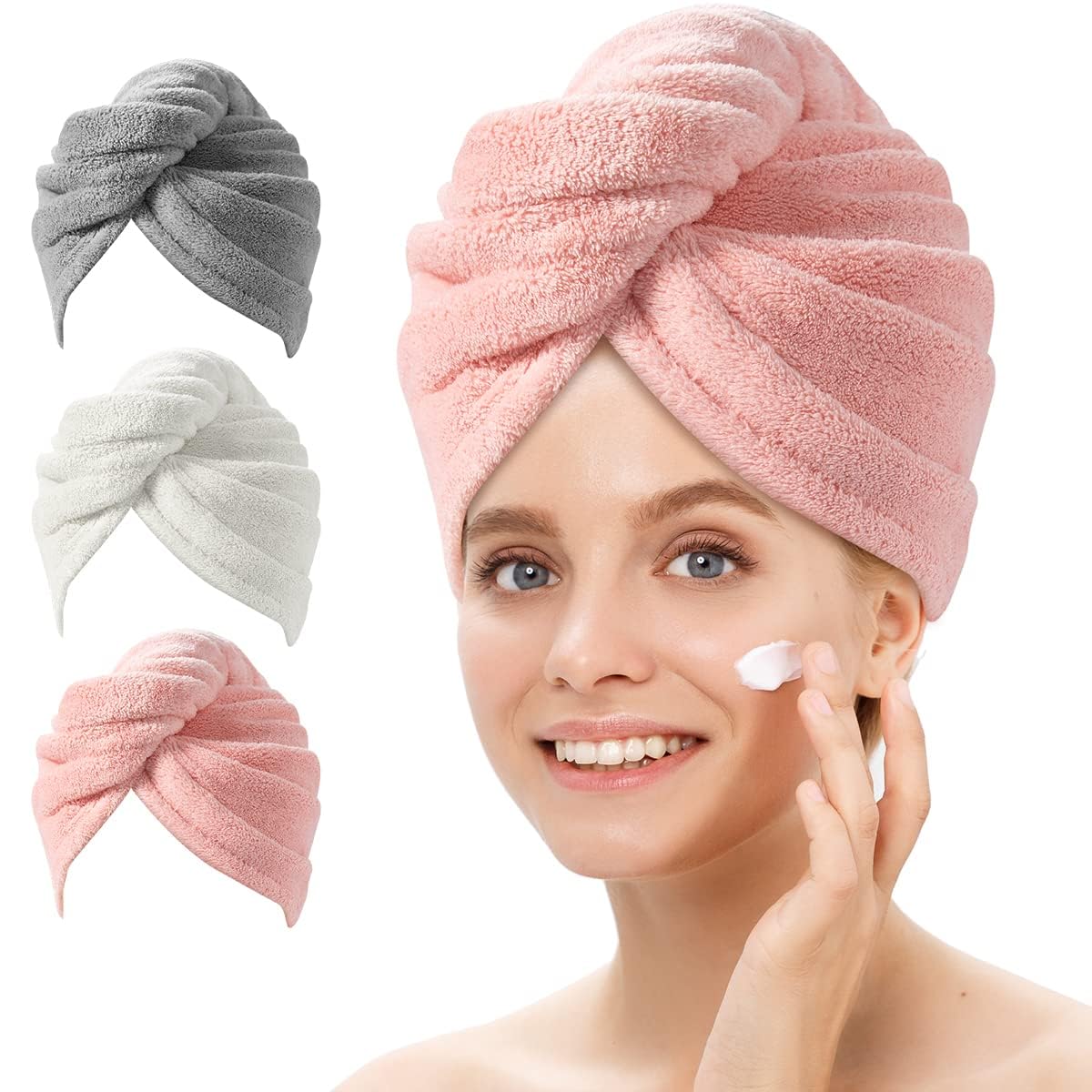 Frau mit rosa Mikrofaser-Haarturban, drei Farben, schnelltrocknend, Haarpflege, Handtuch.
