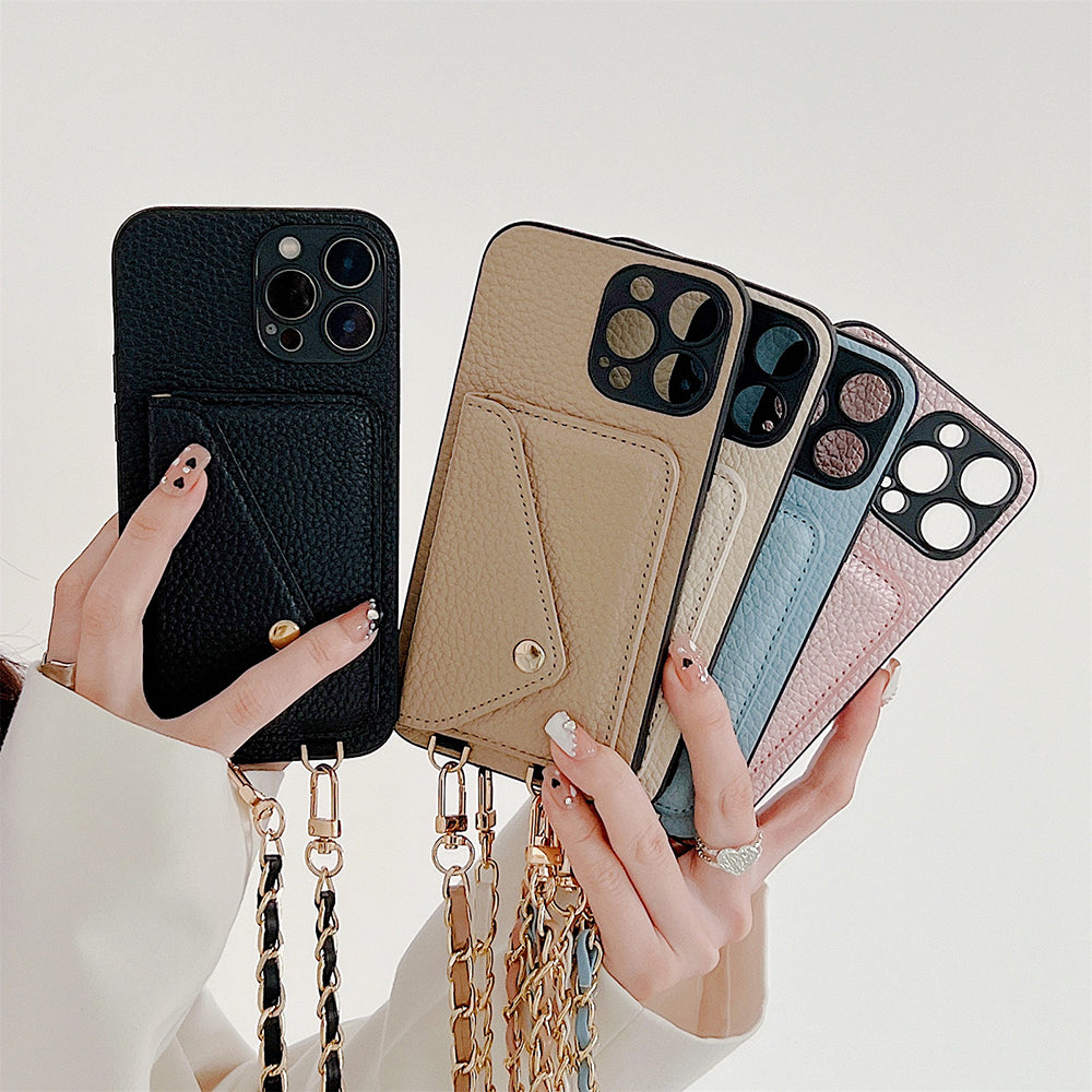Mehrfarbige Crossbody-Handyhüllen mit Kartenfächern und Kettenriemen für iPhone.