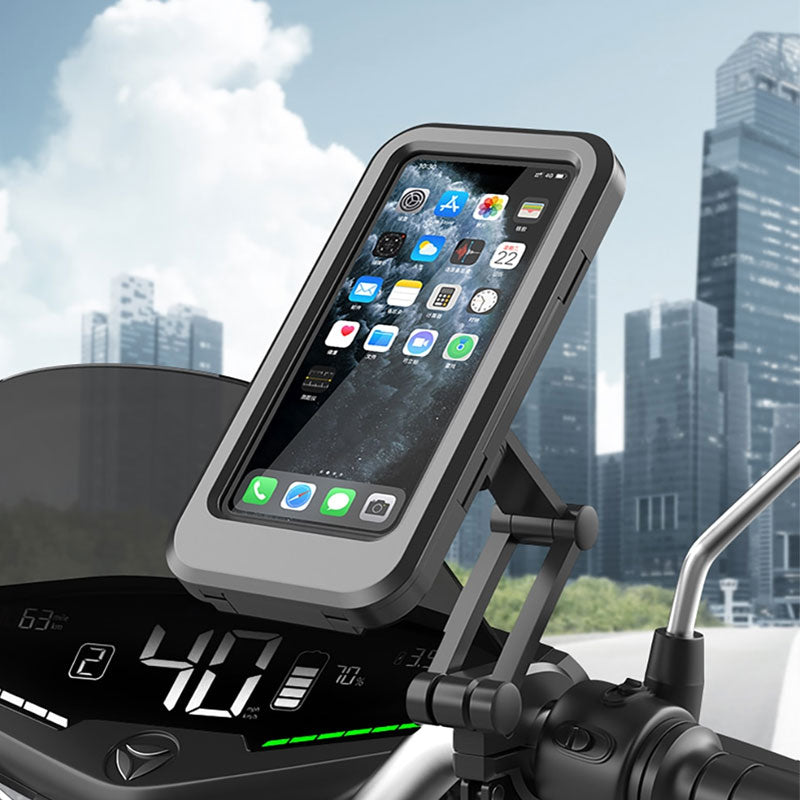 Wasserdichte Handyhalterung für Motorrad, schwarz, robust, wetterfest, ideal für Navigation.