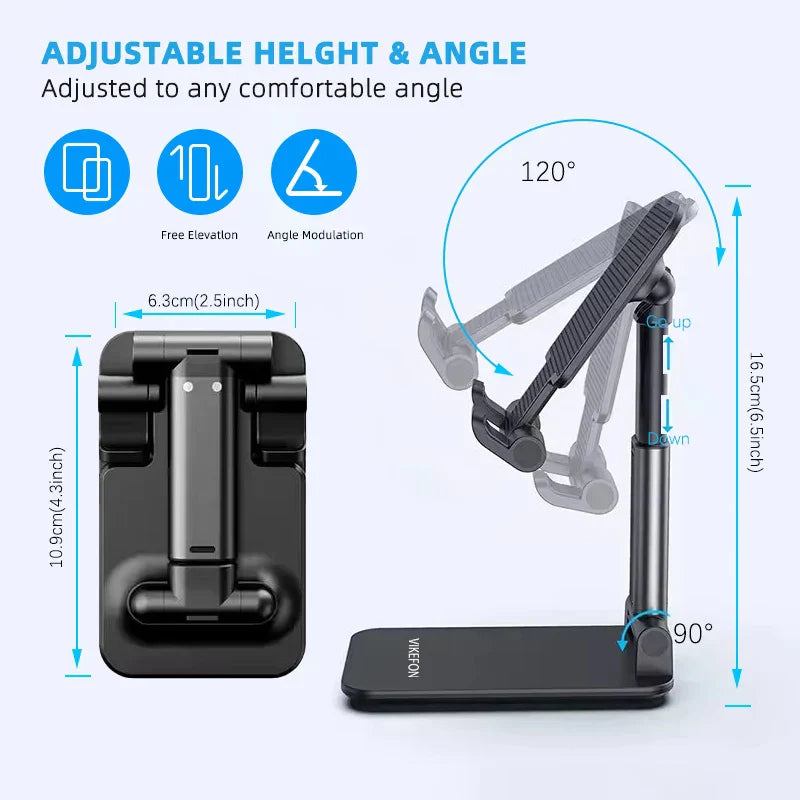 Verstellbarer Handyhalter, schwarz, 120° Neigung, 90° Drehung, 16,5 cm Höhe, stabiler Standfuß.