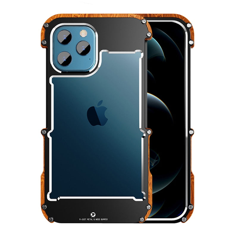 Robustes iPhone 12 Pro Max Case, Metallrahmen, Holzdetails, stoßfest, stilvolles Design.