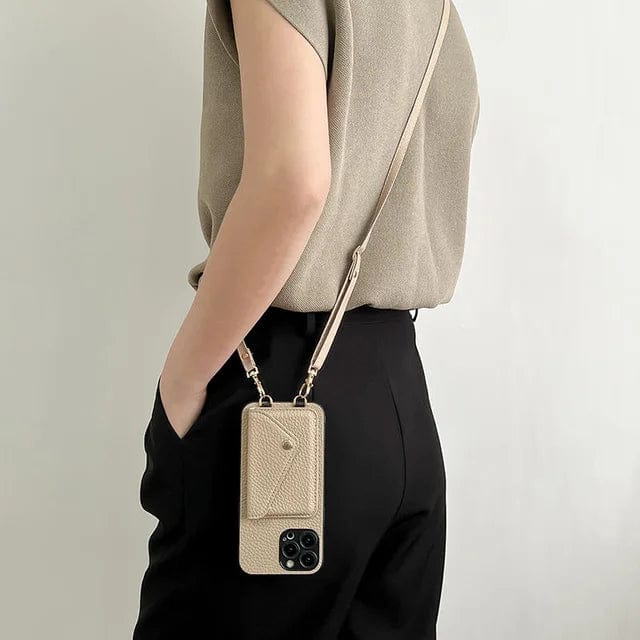 Damen Crossbody Handyhülle mit Kordel, beige, für iPhone/Samsung, modisch und praktisch.