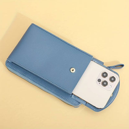 Blaue Handy-Umhängetasche aus Leder mit Smartphone-Fach und Druckknopfverschluss.