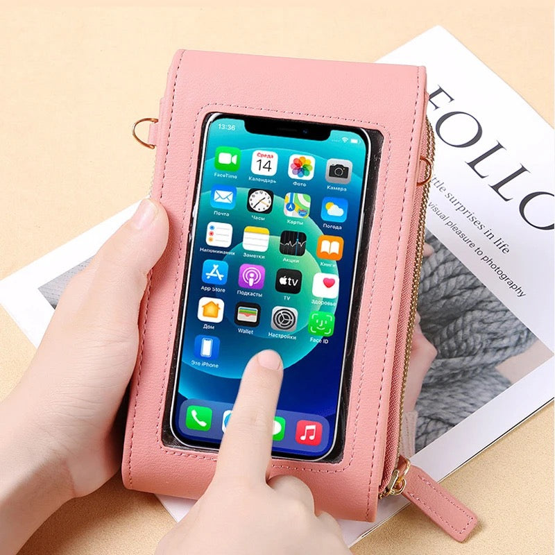 Rosa Handy-Umhängetasche aus Leder mit Touchscreen-Fenster für iPhone, modisch und praktisch.