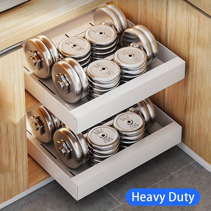 Schubladenauszug mit schweren Metallgewichten, platzsparend, robust, für Fitnessgeräte.