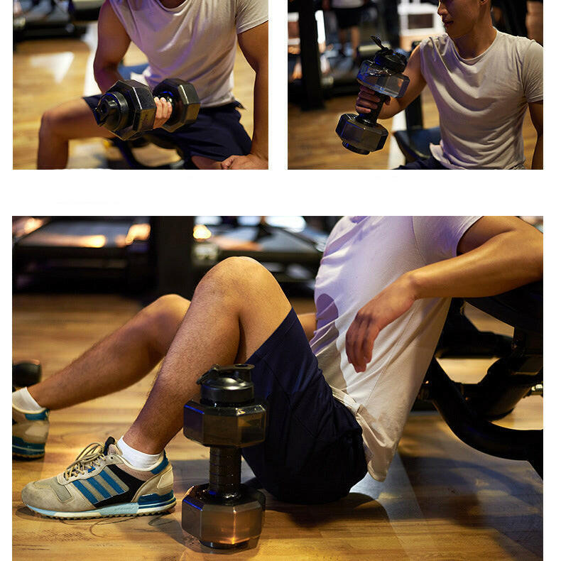 Mann trainiert mit verstellbaren Hanteln im Fitnessstudio, trägt weißes T-Shirt und blaue Shorts.