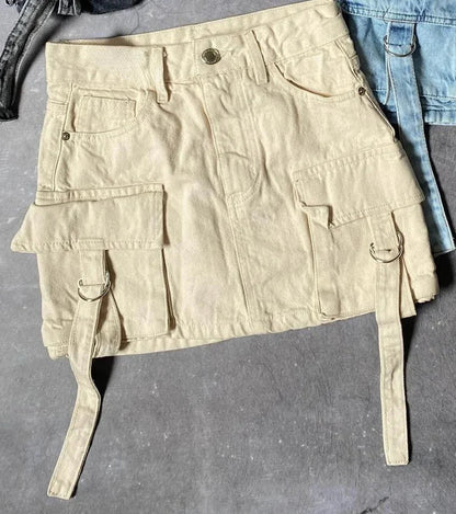 Beige Harajuku Minirock, Mehrtaschen, A-Linie, Denim, Y2K-Stil, Damenmode 2024.