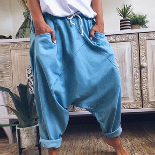 Damen Haremshose Blau, Boho Stil, Weites Bein, Freizeit, Baumwolle, Mid Waist, Taschen