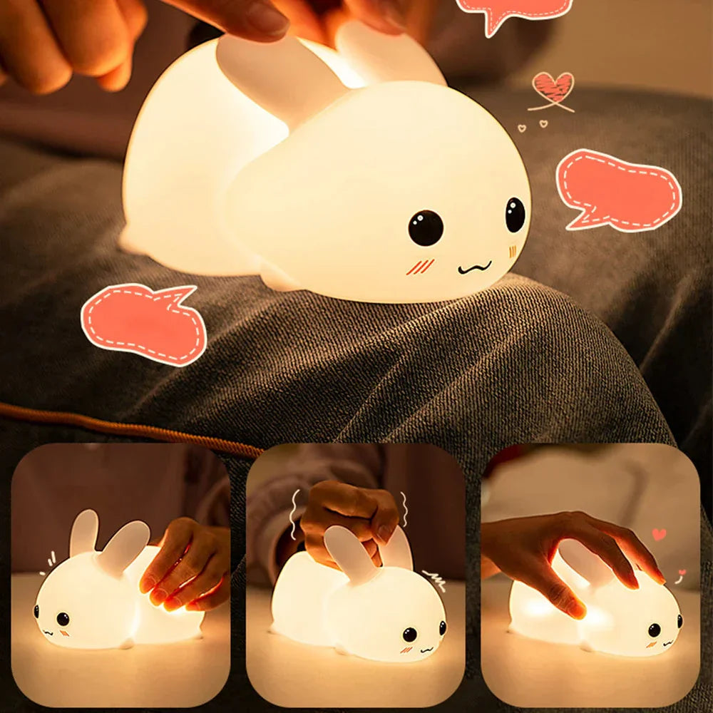 Kaninchen-Nachtlicht aus Silikon, LED, dimmbar, Kinderzimmer, warmweiß, niedlich, Geschenkidee.