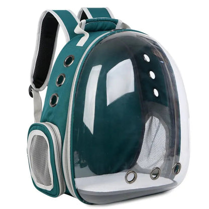 Grüner Haustier-Rucksack mit transparentem Sichtfenster, Belüftungslöchern und Seitentaschen.