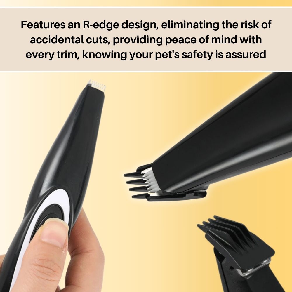 Schwarzer Haustiertrimmer mit R-Kantendesign, sicher für Tierpflege, ergonomisch, elektrisch.