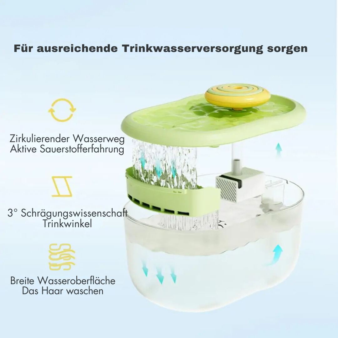Grüner Katzenbrunnen mit zirkulierendem Wasser, Sauerstofffunktion, transparentem Behälter.