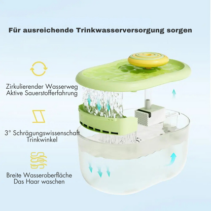 Grüner Katzenbrunnen mit zirkulierendem Wasser, Sauerstofffunktion, transparentem Behälter.