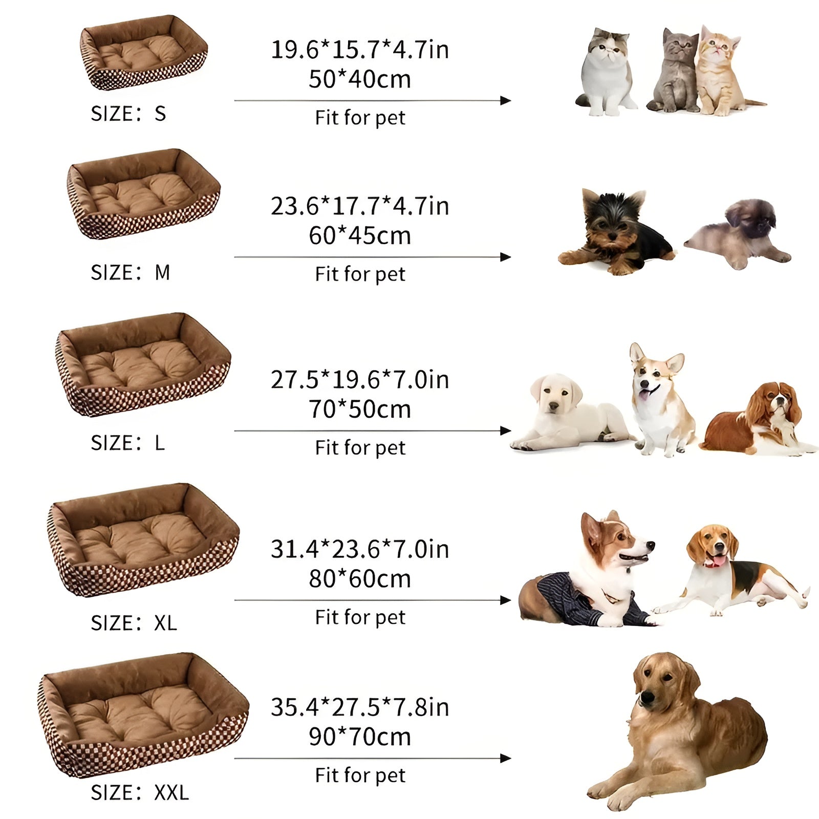 Größenübersicht für braunes, weiches Haustierbett aus Plüsch, geeignet für Katzen und Hunde.