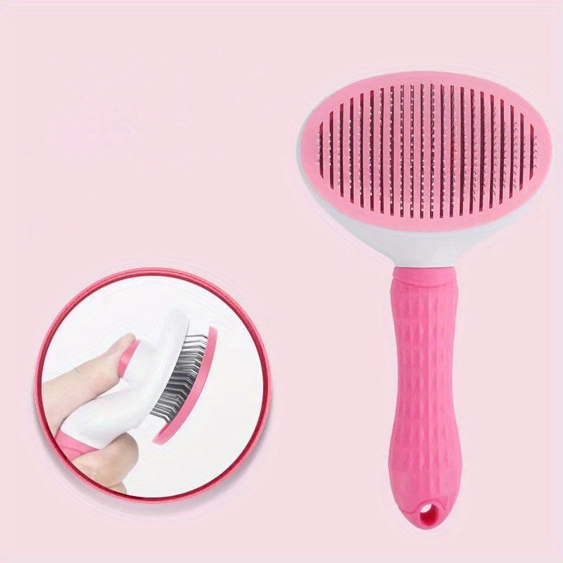 Rosa Haustierbürste mit ergonomischem Griff, ideal für Fellpflege von Hunden und Katzen.