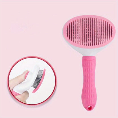 Rosa Haustierbürste mit ergonomischem Griff, ideal für Fellpflege von Hunden und Katzen.