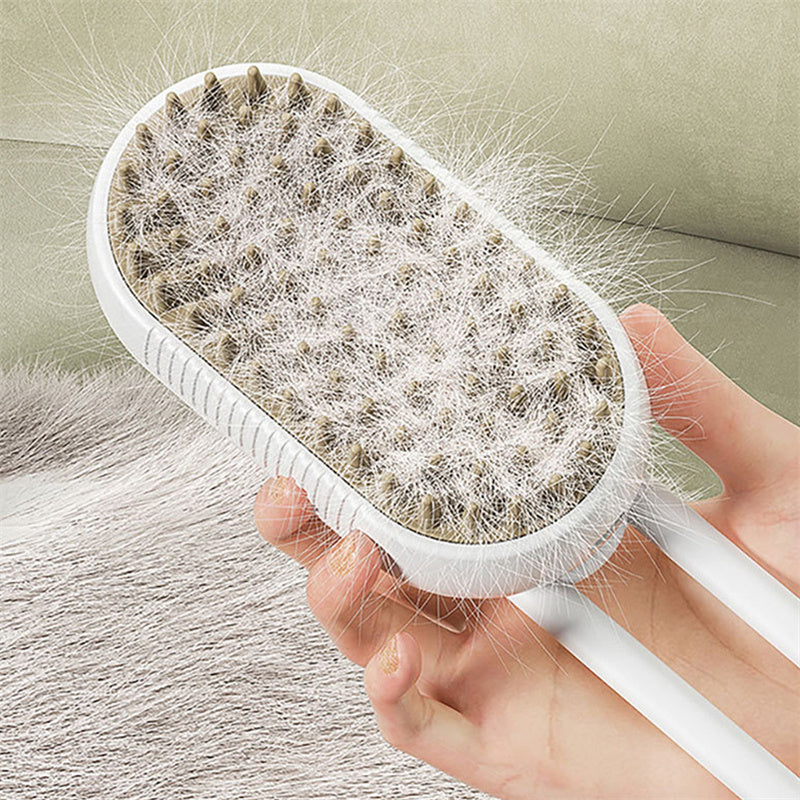 Weiße Haustierbürste mit Haaren, ergonomisch, für Hunde und Katzenpflege.