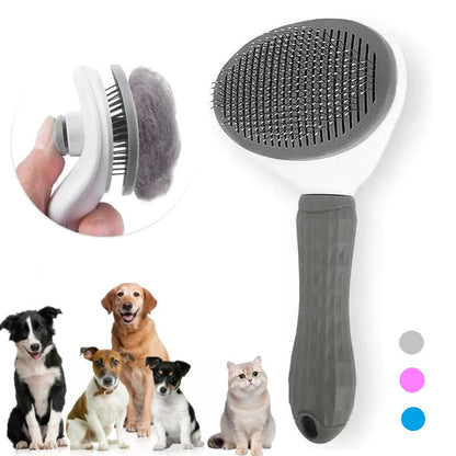 Selbstreinigende Haustierbürste, grau, für Hunde und Katzen, Fellpflege, ergonomischer Griff.
