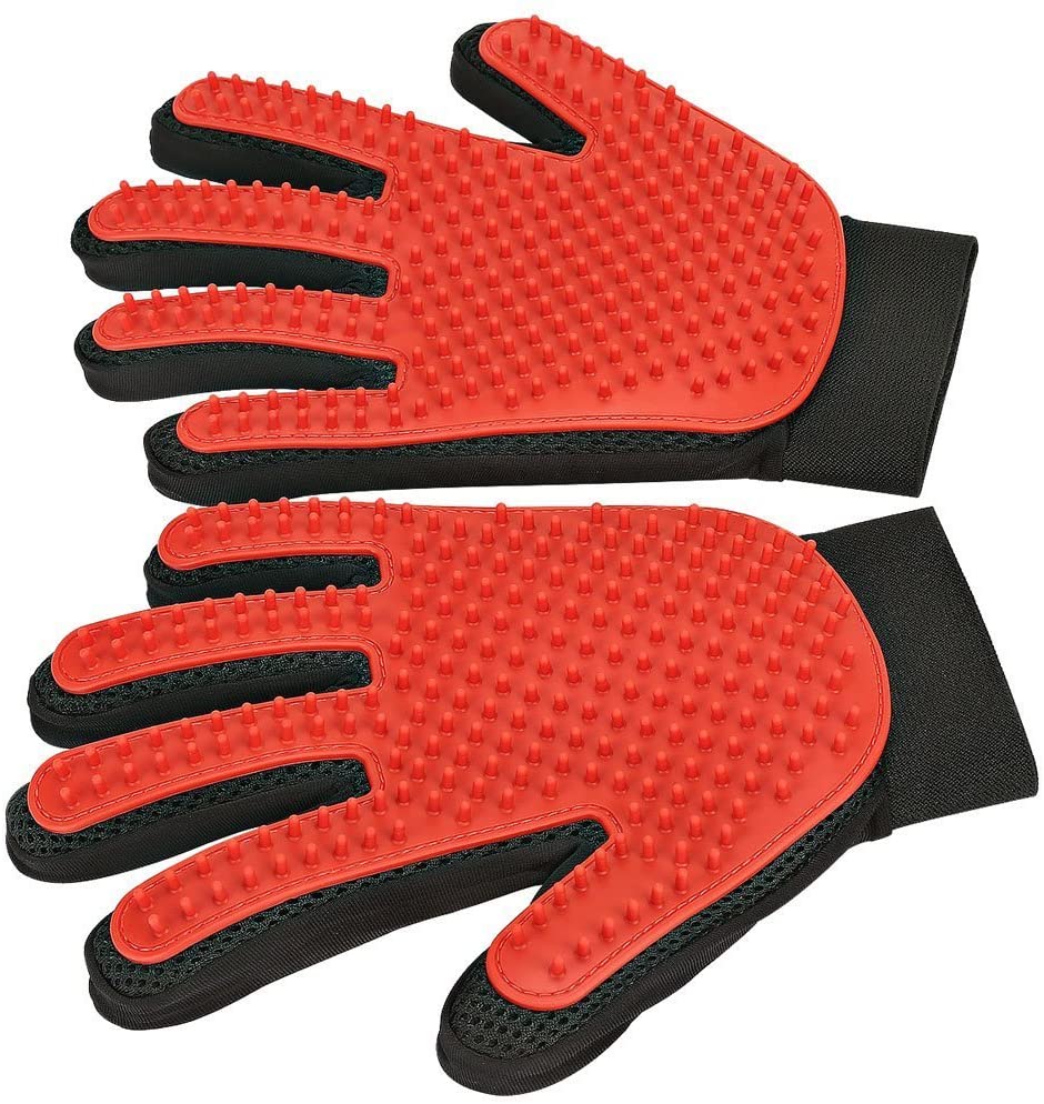 Rote Haustierpflege-Handschuhe mit Noppen, schwarz-rot, für Fellpflege und Massage.