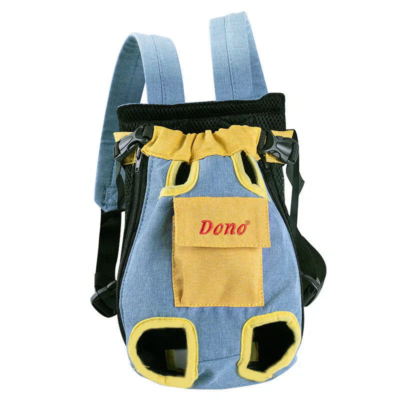 Blauer und gelber Haustier-Rucksack, atmungsaktiv, verstellbar, für Hunde und Katzen.