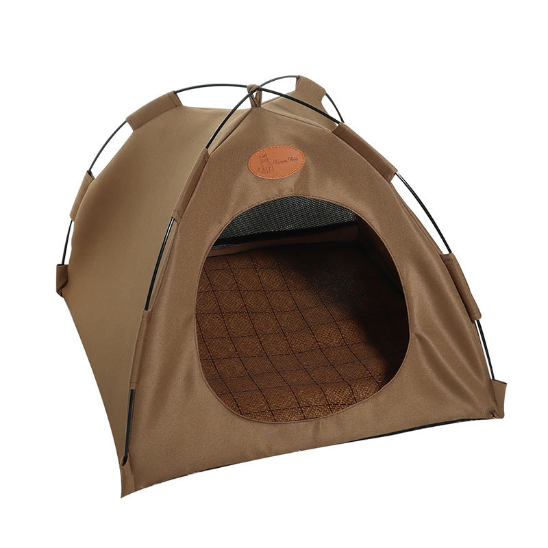 Braunes Hundezelt aus Stoff, tragbar, faltbar, ideal für Camping und Reisen.
