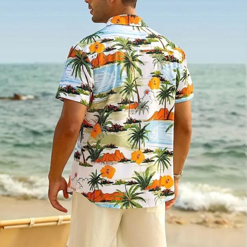 Herren Hawaiihemd, bunt, Strandmotiv, Kurzarm, Sommermode, Freizeitkleidung, Baumwolle.