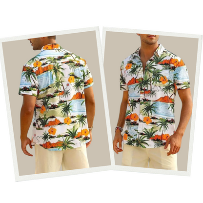 Herren Hawaiihemd, tropisches Muster, Palmen, Strand, bunt, Sommermode, Kurzarm.