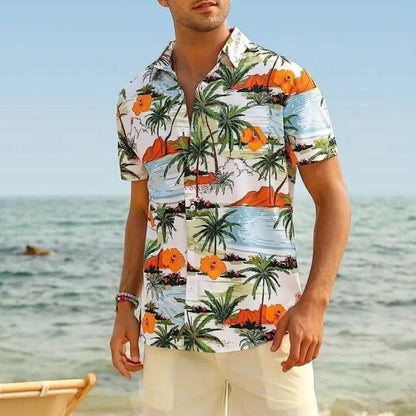 Männer Hawaiihemd, bunt, Palmenmuster, Strand, Freizeit, Sommermode, Kurzarm, Baumwolle.