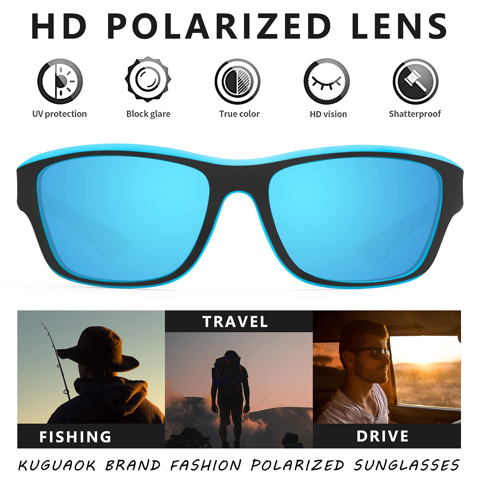 KUGUAOK Sonnenbrille, HD polarisierte Gläser, blau, UV-Schutz, für Angeln und Fahren.